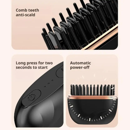 Portable Hair Straightener Brush Rechargeable 3-Speed Temperature Controlled Heating Straight Hair Comb Smoothing Brush